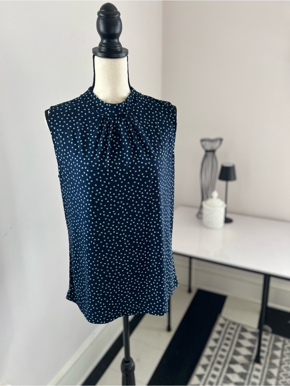 Banana Republic Navy Sleeveless Dot Pleated Neck Blouse